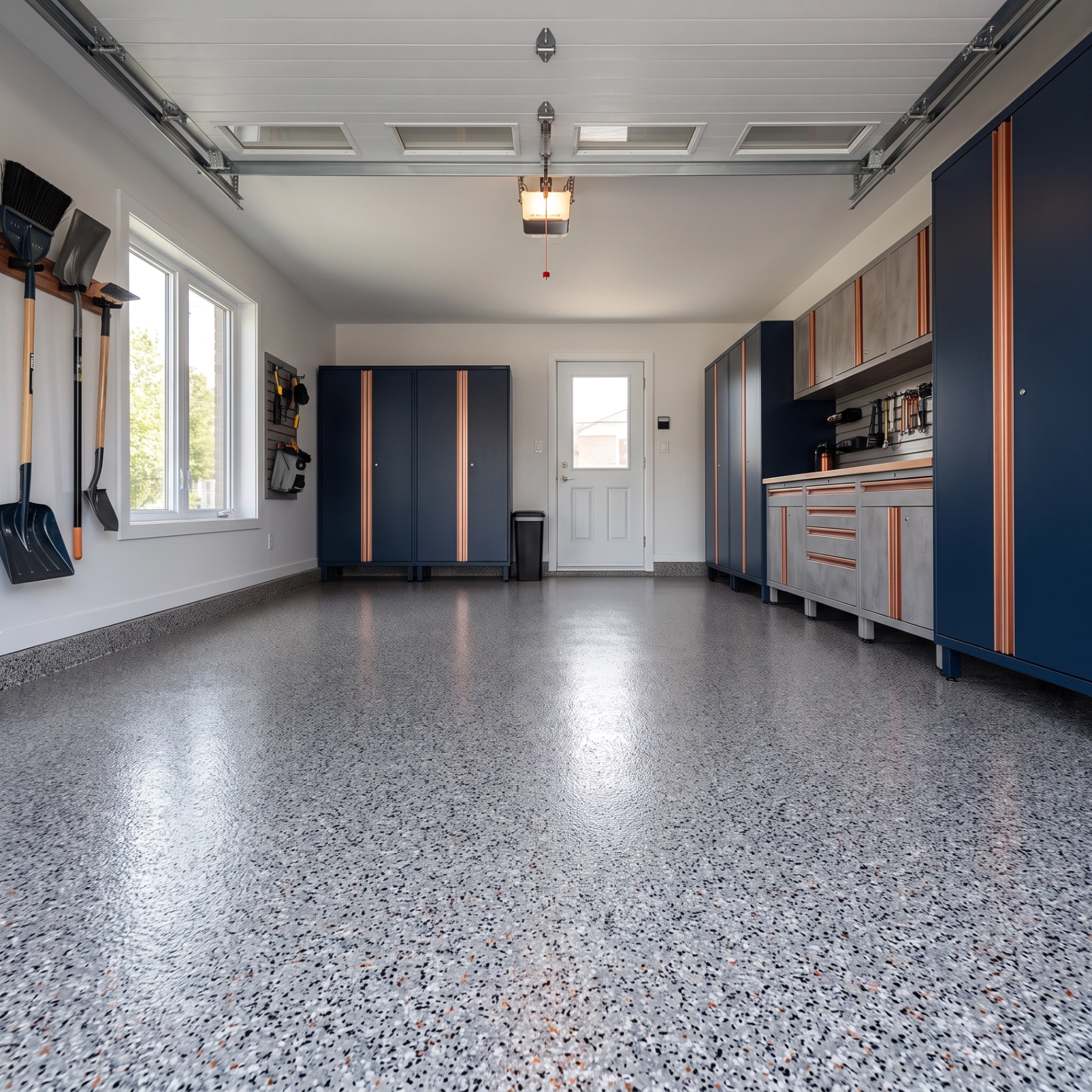 Garage avec plancher époxy à flocons gris et cuivre