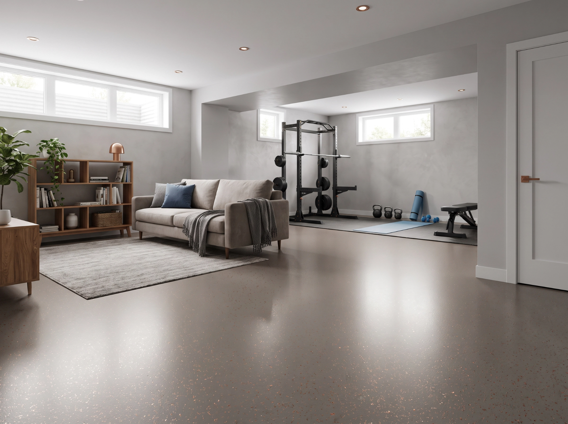 Sous-sol avec plancher époxy taupe satiné